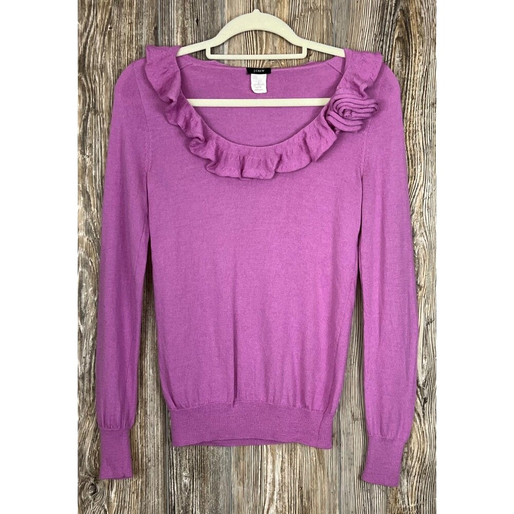 J. Crew Ruffle Neck Sweater 100% Merino Wool Womens S Feminine‎ Soft Cozy Career